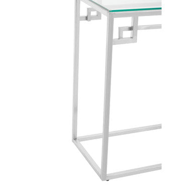 Geometric Silver Finish Stainless Steel Console Table with Tempered Glass Top | Allure
