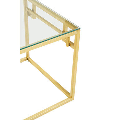 Geometric Brushed Gold Stainless Steel Side Table with Tempered Glass Top | Allure