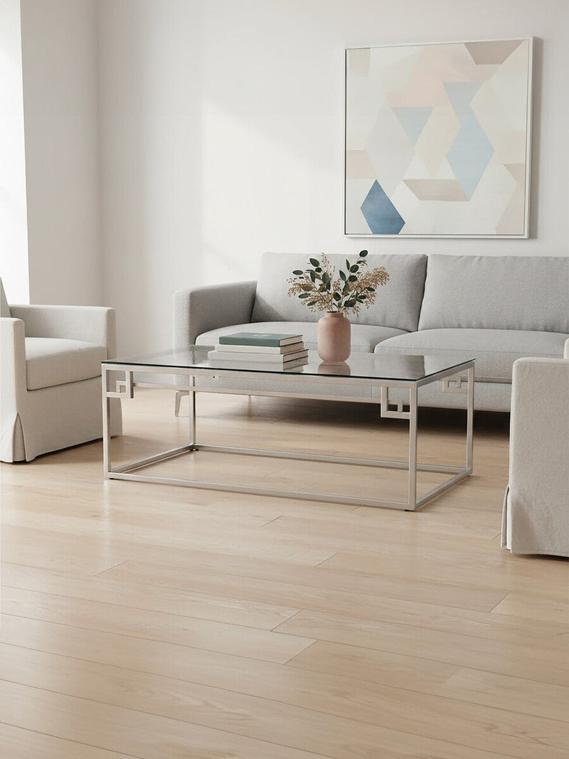 Silver Geometric Rectangular Coffee Table with Tempered Glass Top | Allure