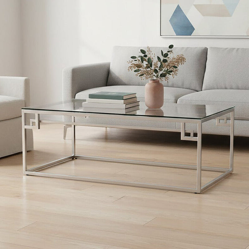 Silver Geometric Rectangular Coffee Table with Tempered Glass Top | Allure