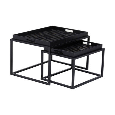 Set of 2 Removable Black and Gold Abstract Tray Tops Nesting Side Tables with Black Metal Frames | Celina