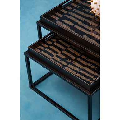 Set of 2 Removable Black and Gold Abstract Tray Tops Nesting Side Tables with Black Metal Frames | Celina