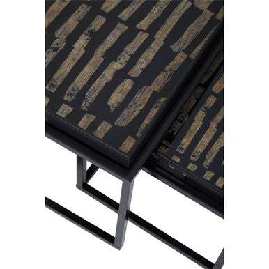 Set of 2 Removable Black and Gold Abstract Tray Tops Nesting Side Tables with Black Metal Frames | Celina