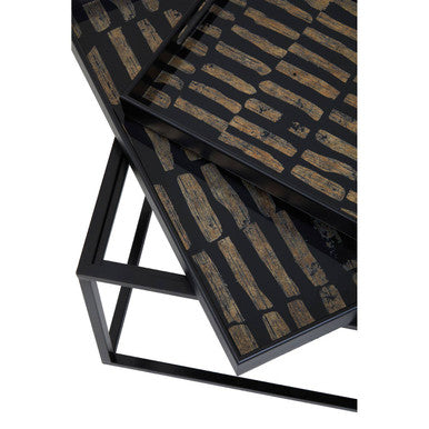 Set of 2 Removable Black and Gold Abstract Tray Tops Nesting Side Tables with Black Metal Frames | Celina