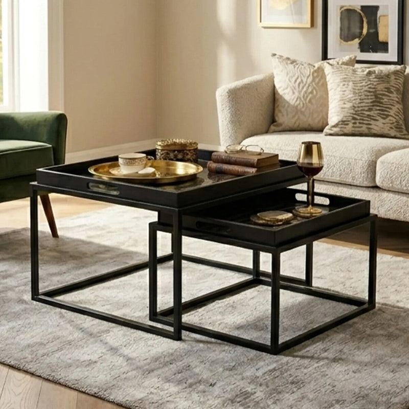 Set of 2 Removable Black and Gold Abstract Tray Tops Nesting Side Tables with Black Metal Frames | Celina