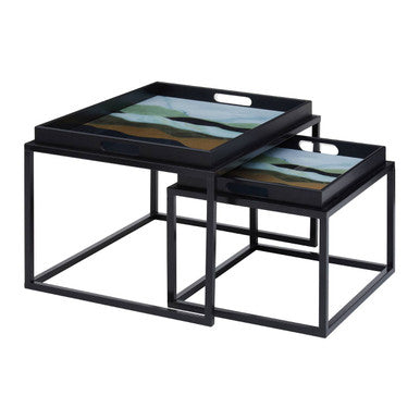Set of 2 Multicolour Agate Effect Removable Tray Tops Nesting Side Tables with Black Metal Frames | Celina