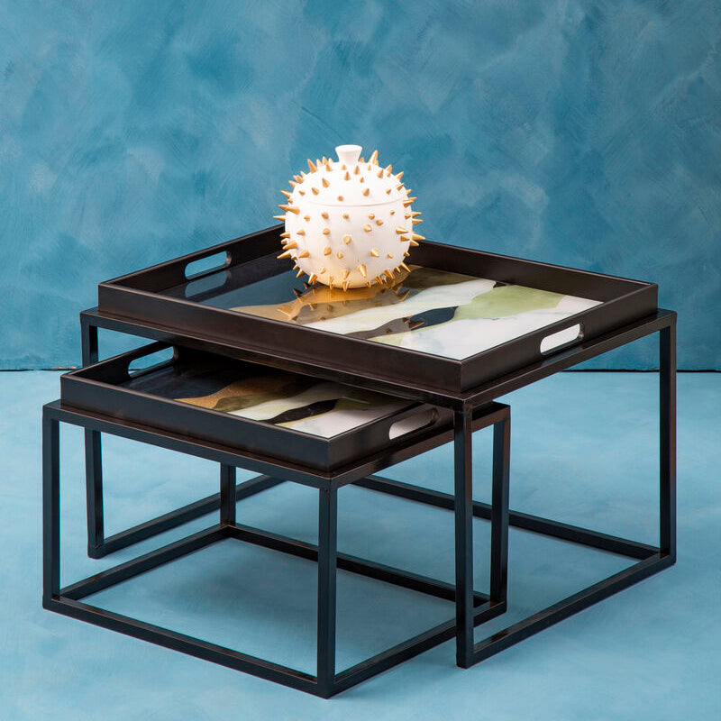 Set of 2 Multicolour Agate Effect Removable Tray Tops Nesting Side Tables with Black Metal Frames | Celina