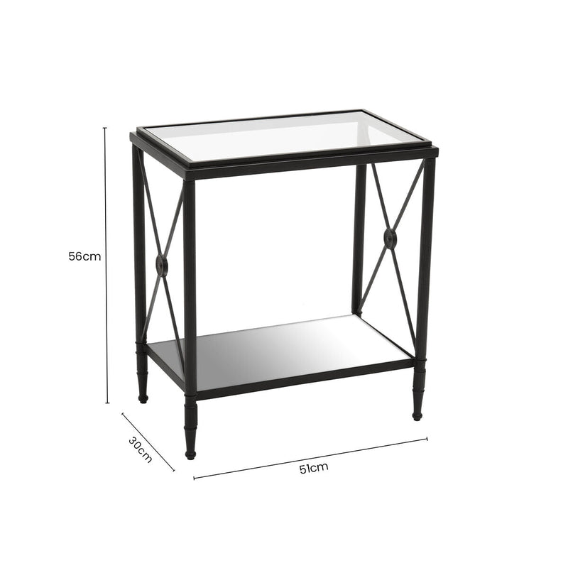 Black Metal Rectangular Frame Side Table with Two-Tier Clear Glass Shelves and Floral Motif, Axis