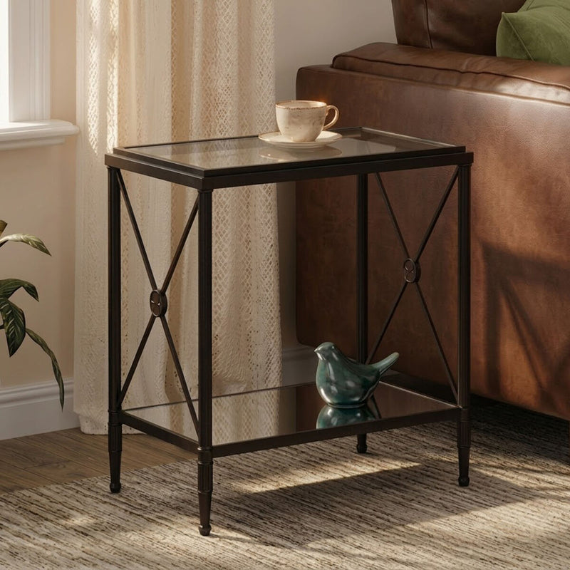 Black Metal Rectangular Frame Side Table with Two-Tier Clear Glass Shelves and Floral Motif, Axis