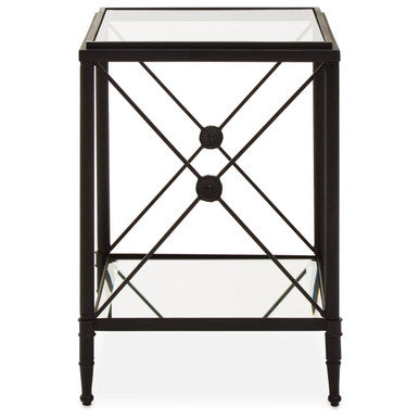 Black Metal Square Frame Side Table with Two-Tier Clear Glass Shelves and Floral Motif, Axis