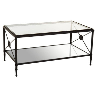 Black Finish Metal Frame Coffee Table with Two-Tier Glass Shelves and X-Shaped Sides Design, Axis
