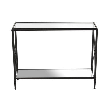 Black Metal Frame Console Table with Two-Tier Clear Glass Shelves and Floral Motif, Axis