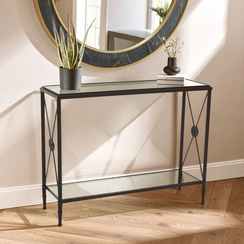 Black Metal Frame Console Table with Two-Tier Clear Glass Shelves and Floral Motif, Axis