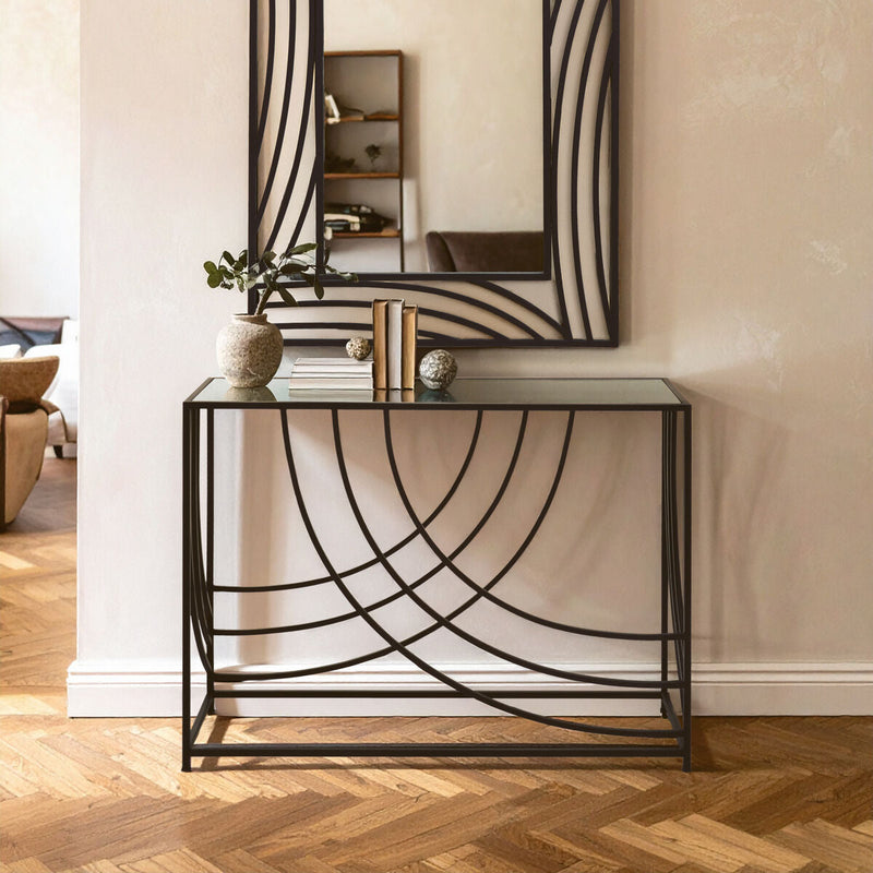 Mirrored Glass Console Table with Black Finish Metal Frame | Logan