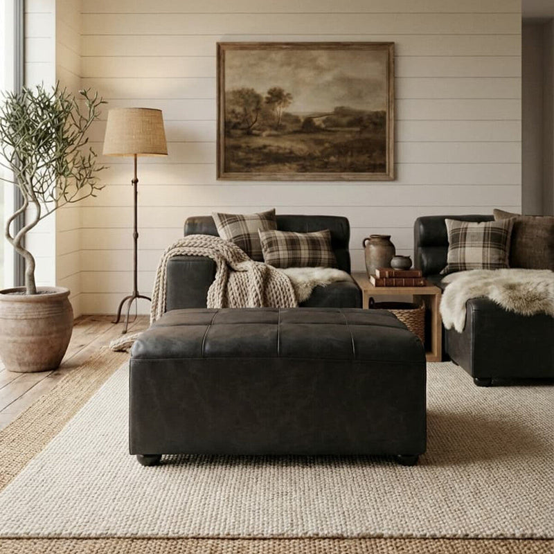 Antique Black Leather Modular Ottoman | King