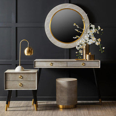 Natural Faux Shagreen Effect 2-Drawer Bedside Table with Gold Accents and Black Angular Legs | Cadio