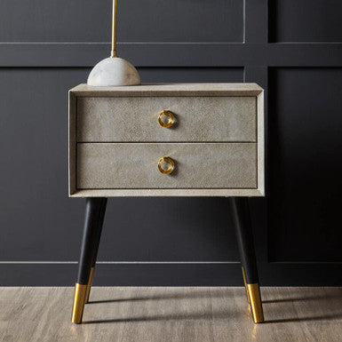 Natural Faux Shagreen Effect 2-Drawer Bedside Table with Gold Accents and Black Angular Legs | Cadio