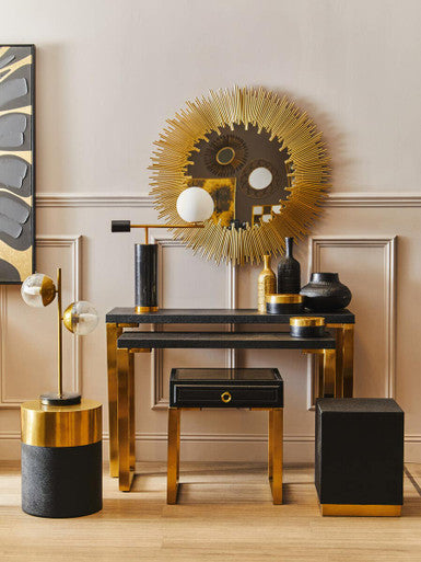 Black Round Shagreen Effect Side Table and Stool with Metallic Gold Top | Cardoba