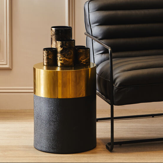 Black Round Shagreen Effect Side Table and Stool with Metallic Gold Top | Cardoba