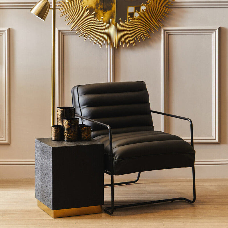Black Shagreen Effect Square Top Side Table and Stool with Gold Metal Base | Cardoba