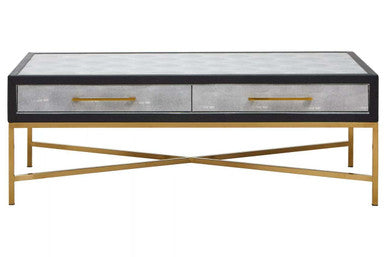 Grey Shagreen Effect Coffee Table with Two Drawers and Brushed Matte Gold Cross Leg Frame | Cadiz
