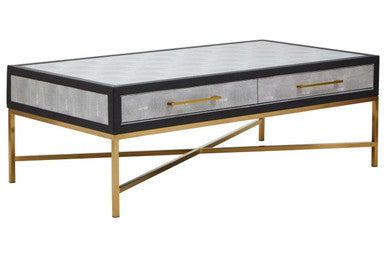 Grey Shagreen Effect Coffee Table with Two Drawers and Brushed Matte Gold Cross Leg Frame | Cadiz