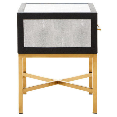 Grey Faux Shagreen 1-Drawer Side Table with Brushed Matte Gold Cross Legs and Black Border | Cadiz