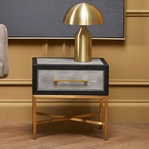 Grey Faux Shagreen 1-Drawer Side Table with Brushed Matte Gold Cross Legs and Black Border | Cadiz