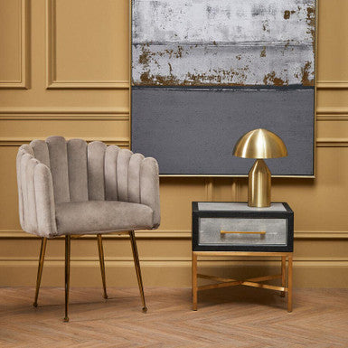 Grey Faux Shagreen 1-Drawer Side Table with Brushed Matte Gold Cross Legs and Black Border | Cadiz