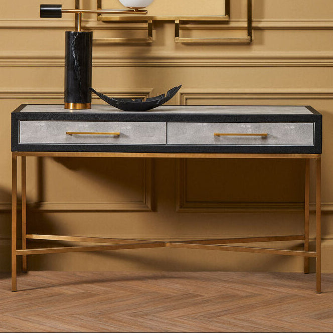 Grey Shagreen Effect 2-Drawer Console Table with Brushed Matte Gold Cross Leg Frame | Cadiz