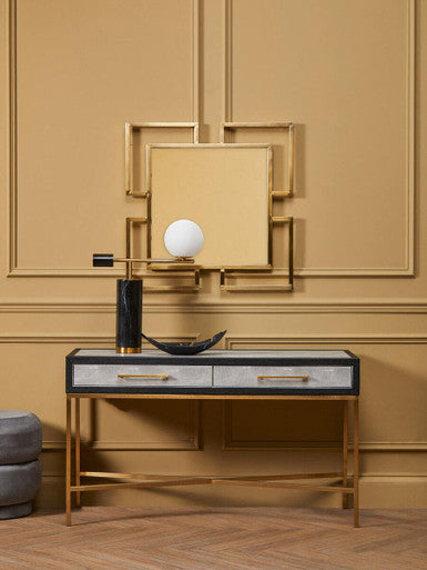 Grey Shagreen Effect 2-Drawer Console Table with Brushed Matte Gold Cross Leg Frame | Cadiz
