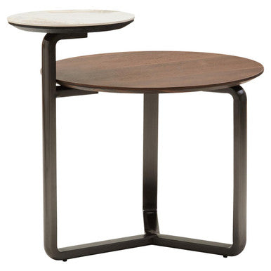 Brown Marble Effect Ceramic Top Round 2-Tier Coffee Table with Eucalyptus Veneer Lower Shelf and Black Metal Legs | Imperia