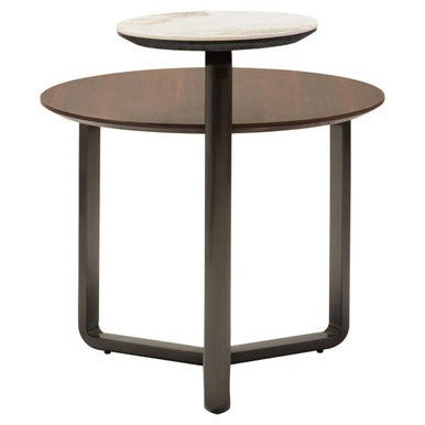 Brown Marble Effect Ceramic Top Round 2-Tier Coffee Table with Eucalyptus Veneer Lower Shelf and Black Metal Legs | Imperia