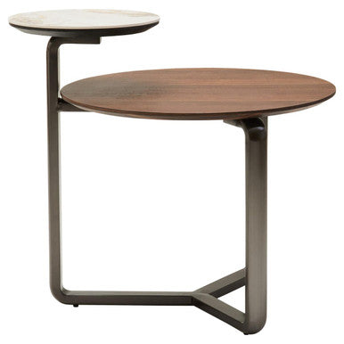 Brown Marble Effect Ceramic Top Round 2-Tier Coffee Table with Eucalyptus Veneer Lower Shelf and Black Metal Legs | Imperia