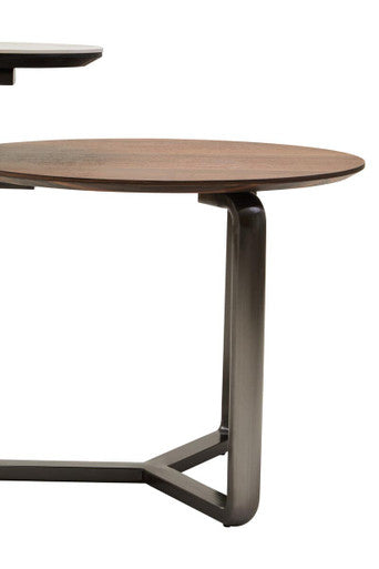 Brown Marble Effect Ceramic Top Round 2-Tier Coffee Table with Eucalyptus Veneer Lower Shelf and Black Metal Legs | Imperia