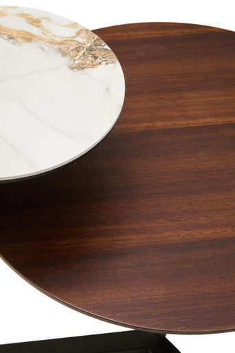 Brown Marble Effect Ceramic Top Round 2-Tier Coffee Table with Eucalyptus Veneer Lower Shelf and Black Metal Legs | Imperia