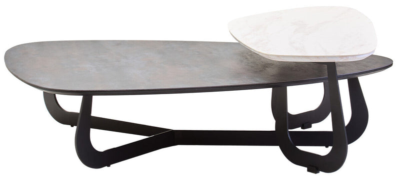 Grey and White Marble Effect Ceramic Tops Large 2-Tier Asymmetrical Coffee Table with Black Metal Base | Imperia