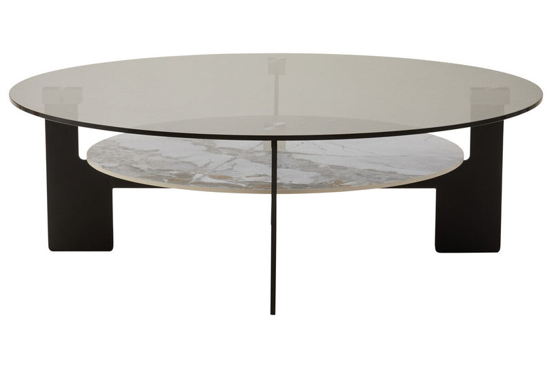 Grey Glass Large Round Top Coffee Table with Marble Effect Ceramic Lower Shelf and Black Metal Frame | Imperia