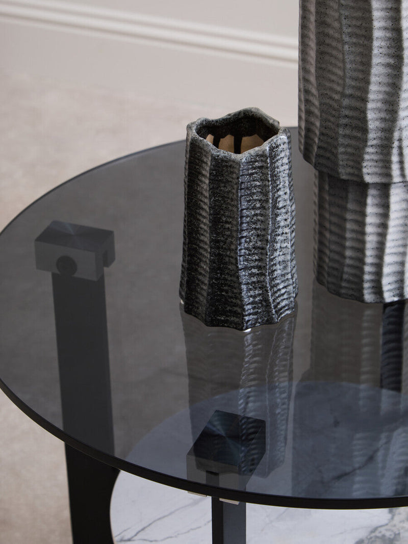 Grey Glass Round Top Coffee Table with Marble Effect Ceramic Shelf and Black Metal Legs | Imperia