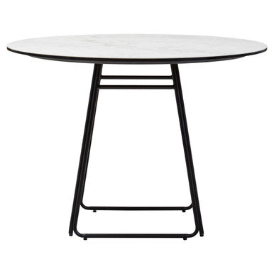White Ceramic Marble Effect Round Top Dining Table with Black Metal Base | Imperia