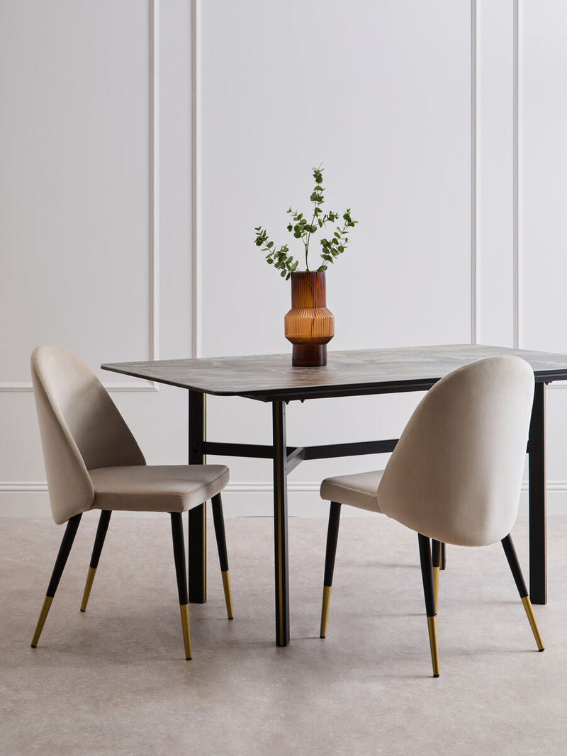 Grey Marble Effect Ceramic Top Dining Table with Black Metal Legs and Gold Detail | Imperia