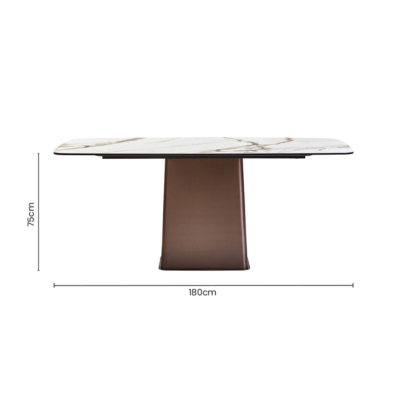 White Marble Effect Ceramic Rectangular Dining Table with Brushed Bronze Steel Column Base | Imperia