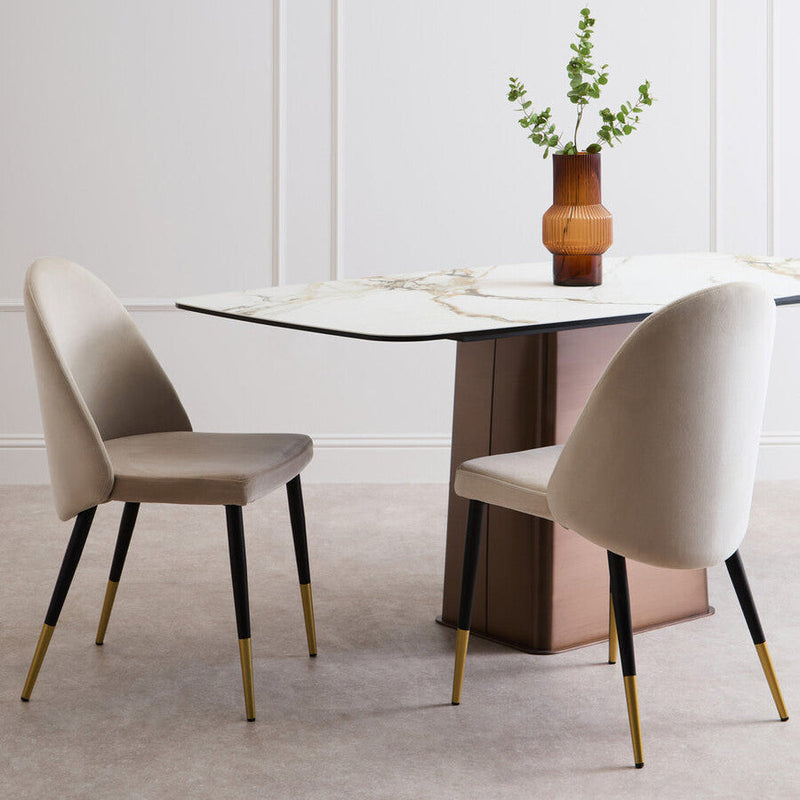 White Marble Effect Ceramic Rectangular Dining Table with Brushed Bronze Steel Column Base | Imperia