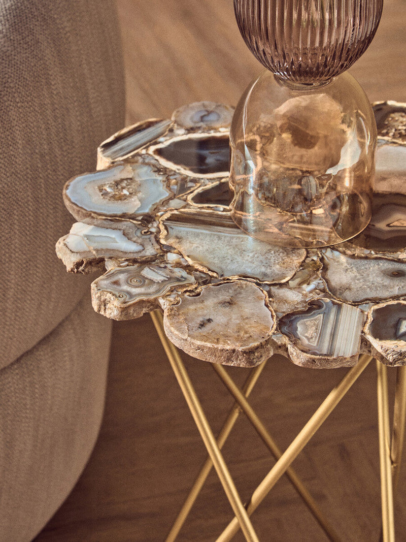 Agate Top Side Table with Gold Finish Trim and Hairpin Metal Legs | Jaipur