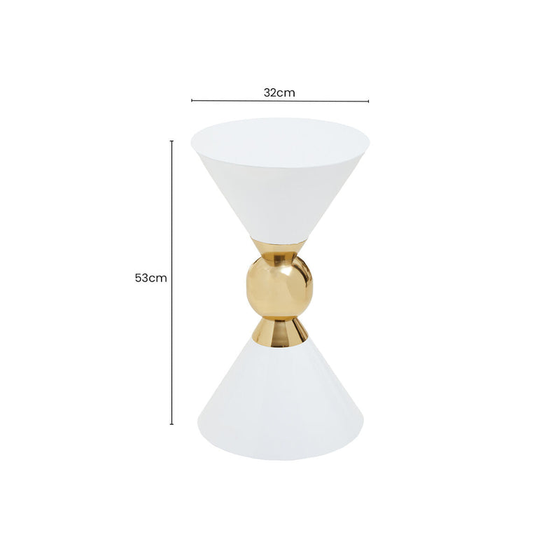 White Conical Metal Side Table in Stainless Steel with Gold Centre Ring Detail | Jaipur