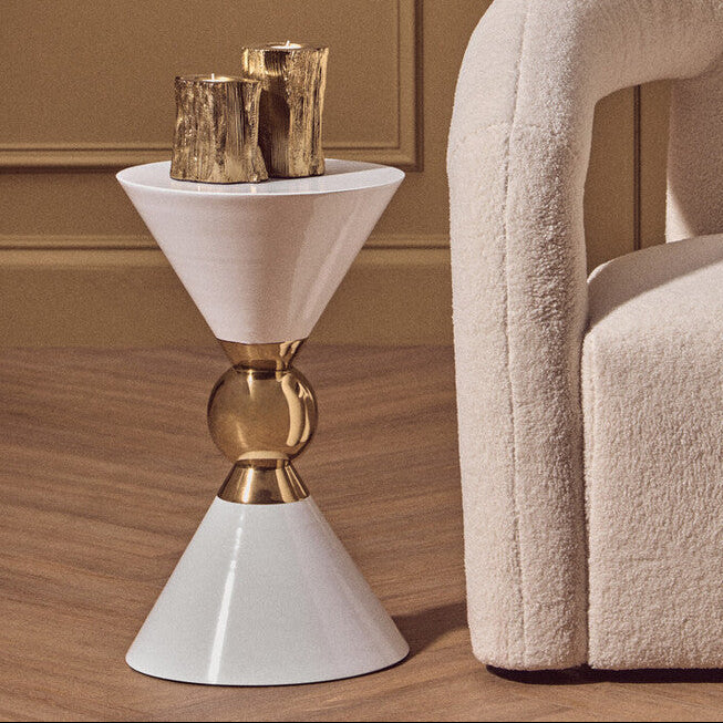 White Conical Metal Side Table in Stainless Steel with Gold Centre Ring Detail | Jaipur