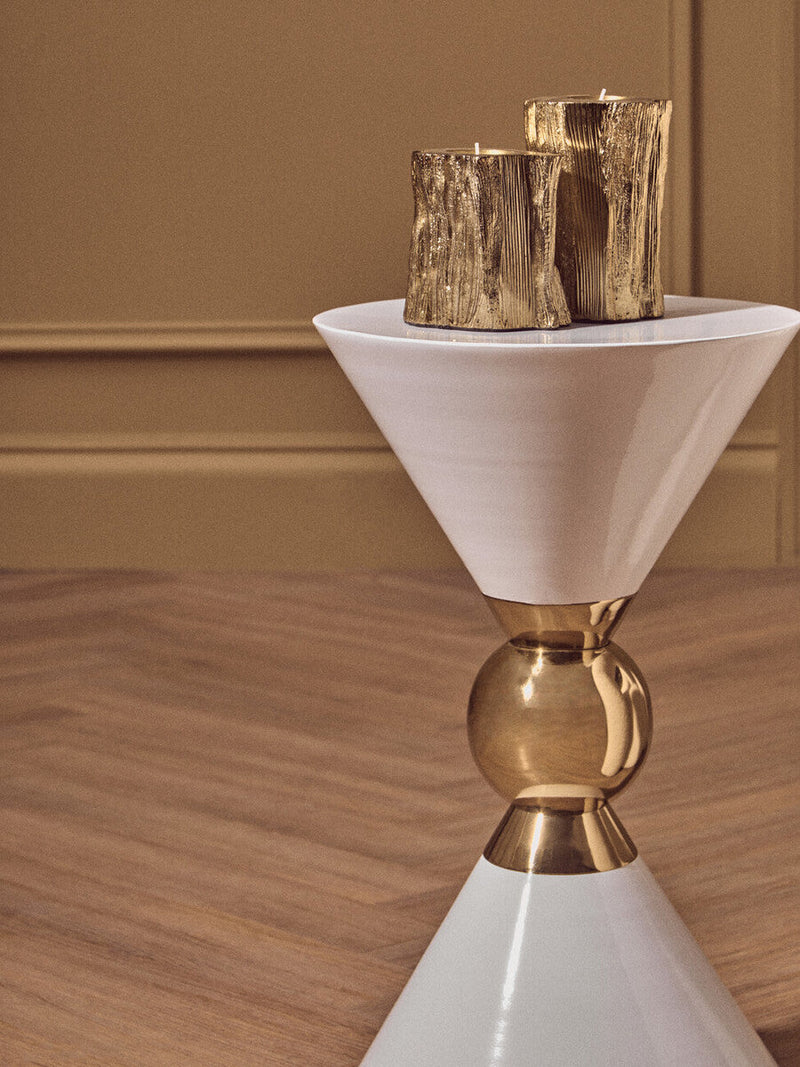 White Conical Metal Side Table in Stainless Steel with Gold Centre Ring Detail | Jaipur