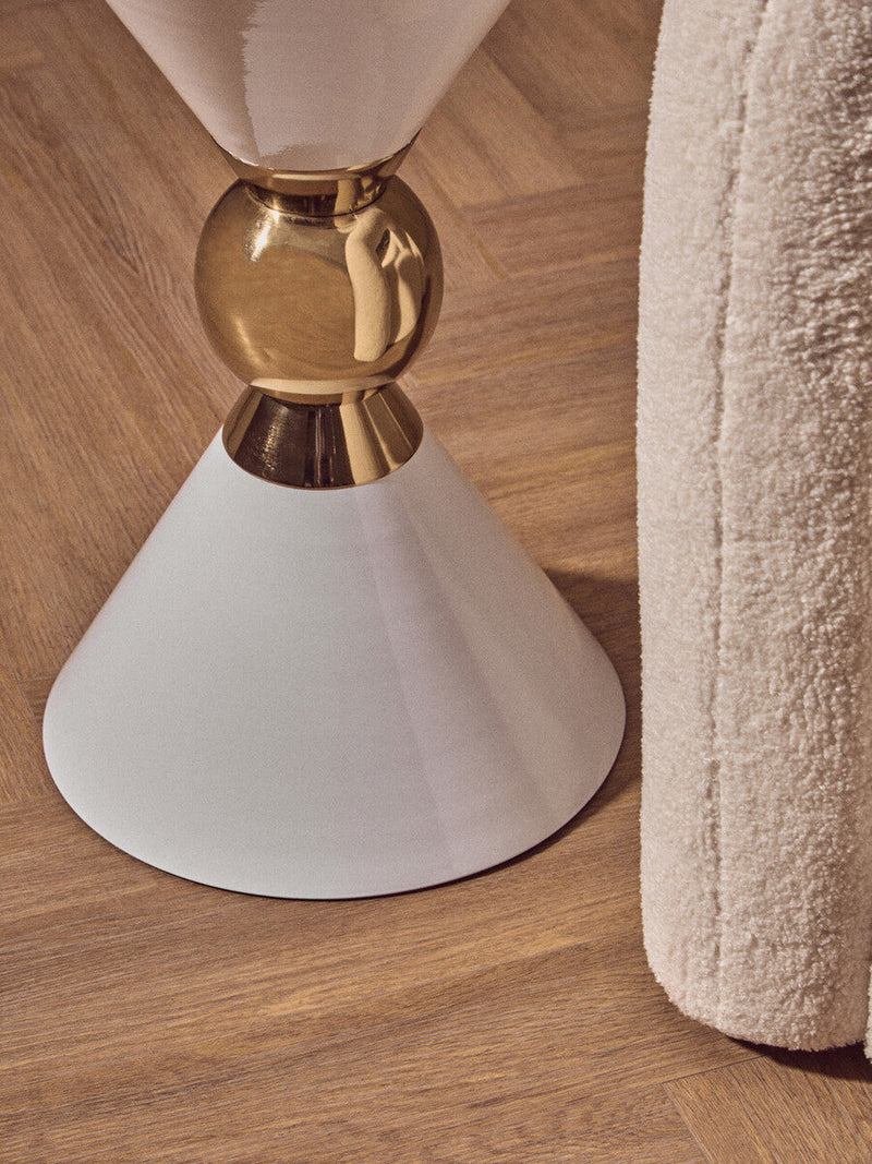 White Conical Metal Side Table in Stainless Steel with Gold Centre Ring Detail | Jaipur