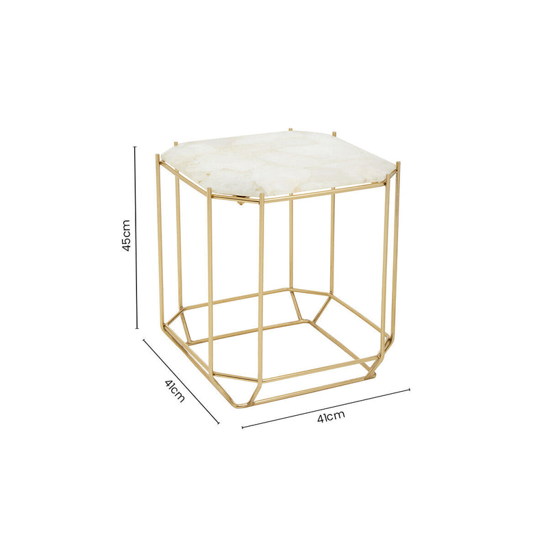 White Octagonal Stone Quartz Top Side Table with Warm Metallic Angular Base | Jaipur