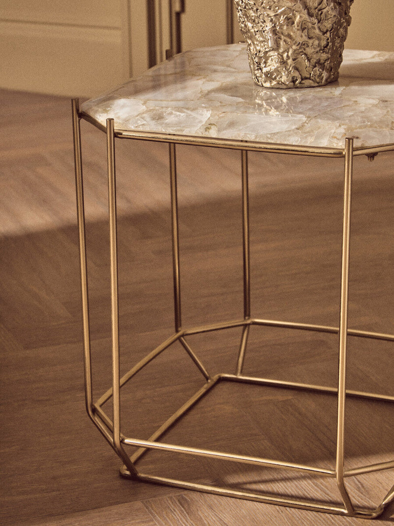 White Octagonal Stone Quartz Top Side Table with Warm Metallic Angular Base | Jaipur